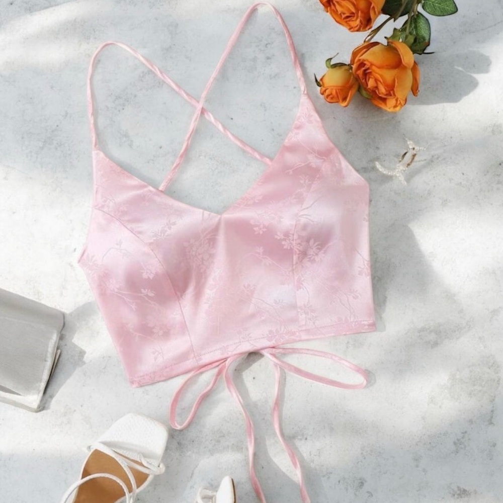 SHEIN Pink Satin Lace Up Backless Crop Cami
